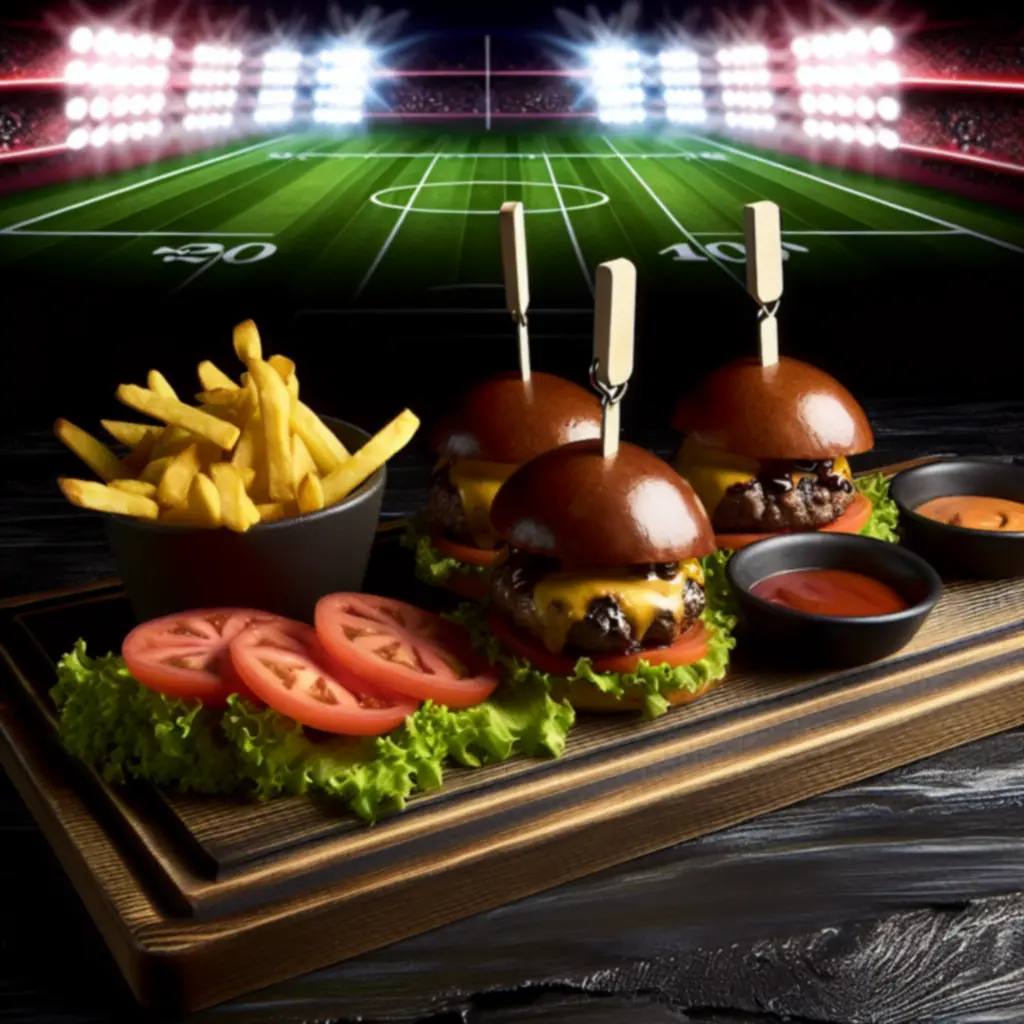 Patera z soczystymi burgerami MidnightLoungeBar, podawanymi z frytkami i dodatkami podczas meczu