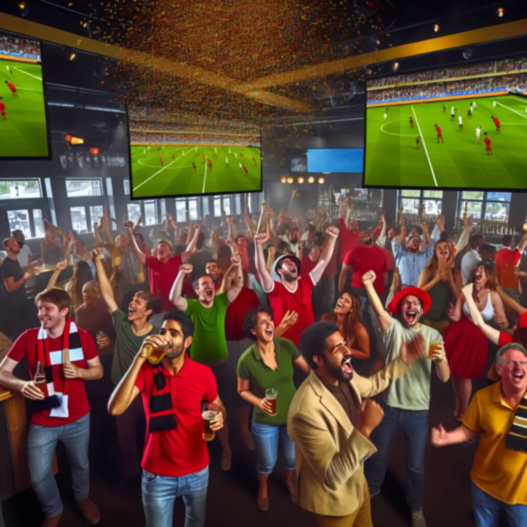 Kibice świętujący gola w tłumnym sportowym barze