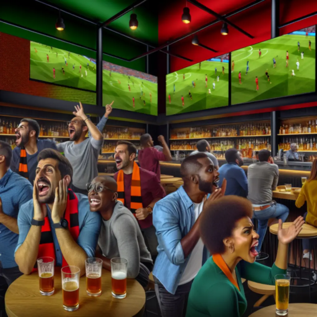 Kibice oglądający mecz piłkarski na wielu ekranach w Midnight Lounge Bar